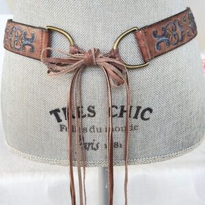 American Eagle Brown Leather Belt Blue Embroidery Tie Front Tassels Boho M/L